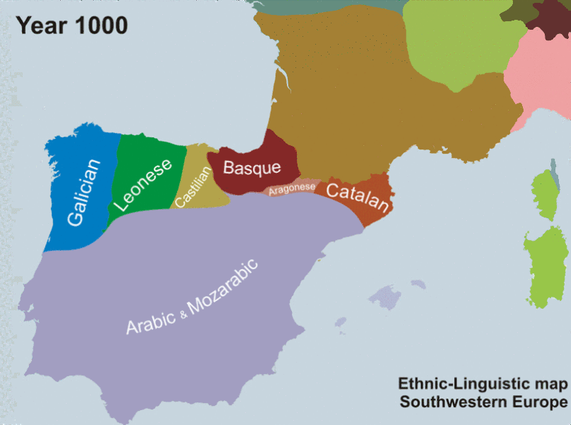 Map depicting how the language groups evolved and spread in the Spanish peninsula throughout the centuries.