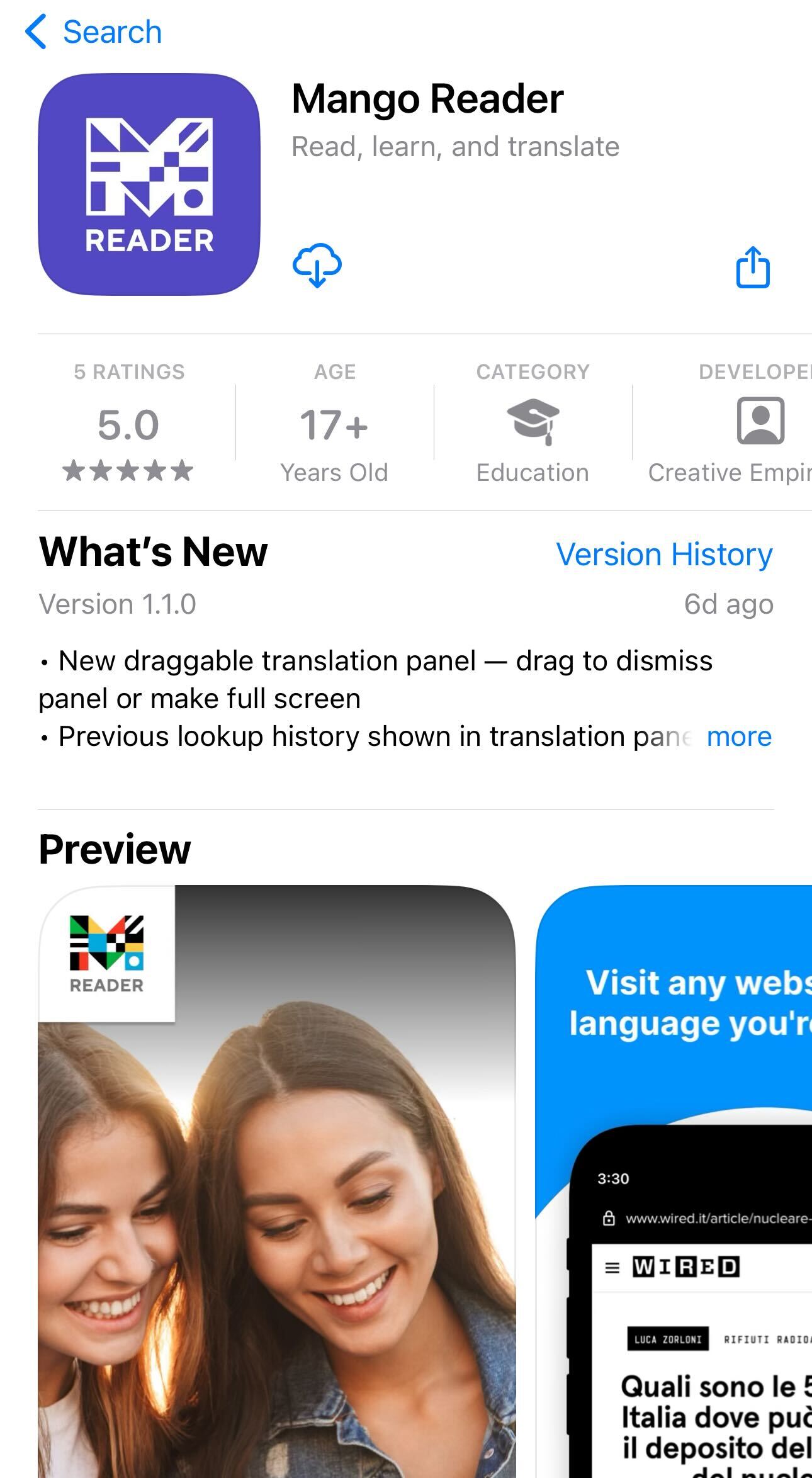 Mango Reader IOS logo, purple logo with white writing as shown in the App Store