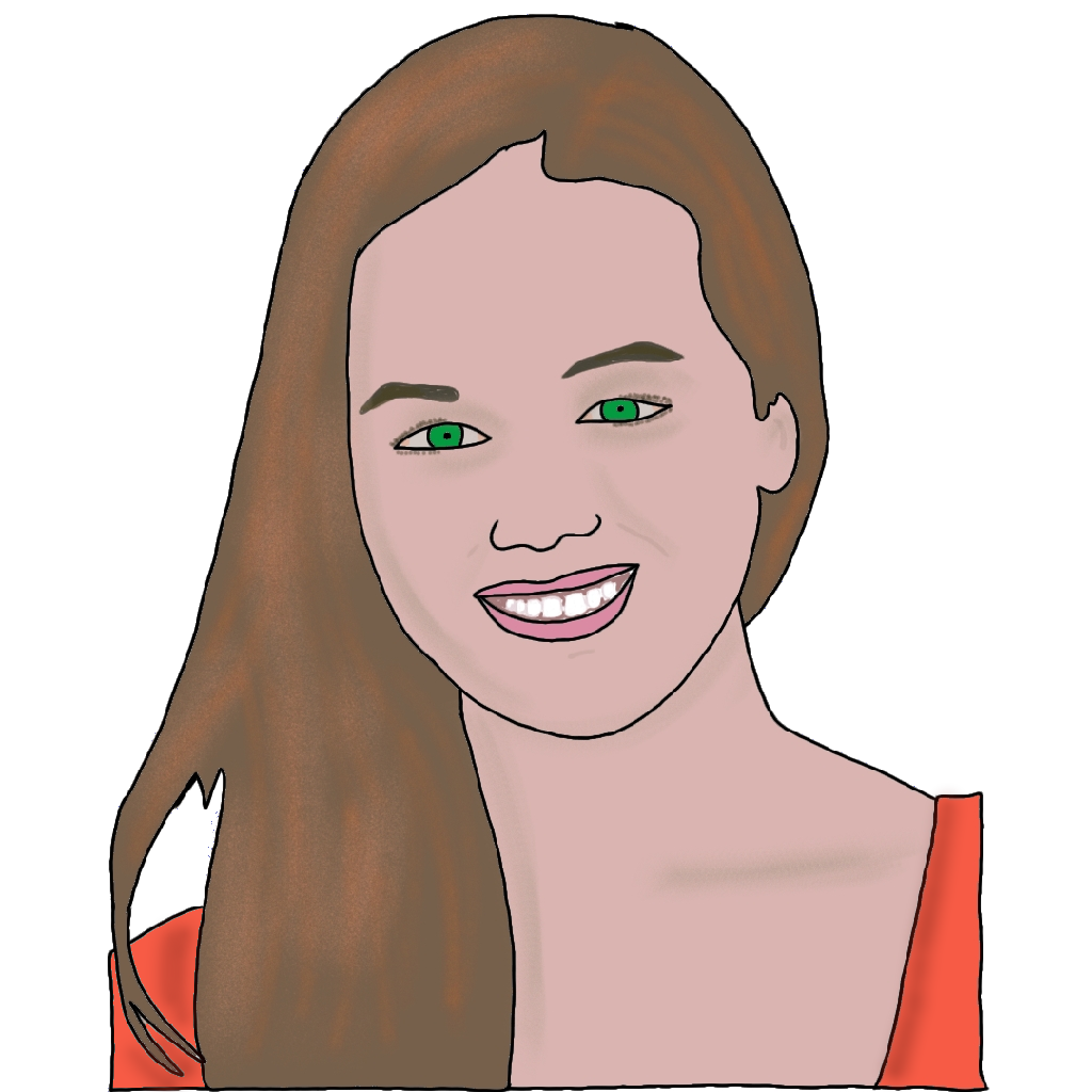 A drawing of a young, smiling white woman with long brown hair, green eyes, and an orange shirt.
