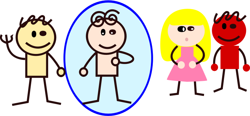 A rough graphic with four cartoonish people. On the left, two people stand close together and on the right two more people stand a little further away. In this drawing, one of the closer people is circled as he points to himself.